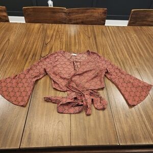 Emory Park Tie Front wrap crop bell sleeve blouse medium